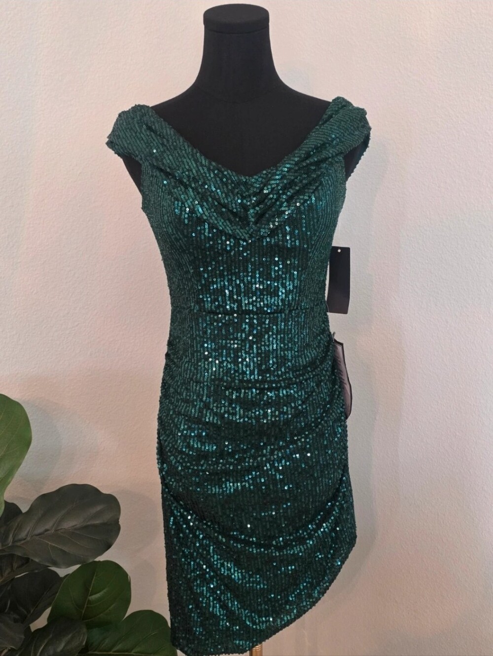 Macy's - Green Off Shoulder Sequin Draped Cocktail Dress - Size 5